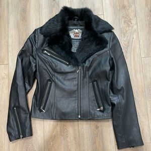 Harley Davidson Womens S Motorcycle Jacket Black Leather with Black Fur